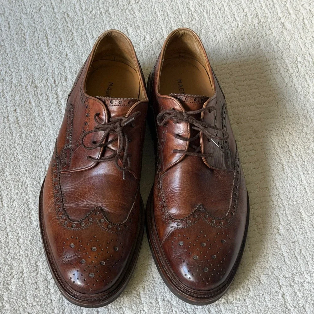 Magnanni Mens‎ Brown Leather Wingtip Brogue Oxford Shoes Vibram Sole 10 M Cognac